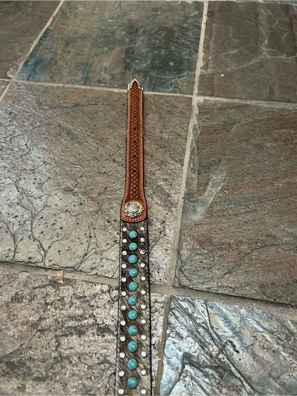 Decorative Brown Leather Belt with Turquoise & Rhinestone Accents, Size 32. - Picture 4 of 7